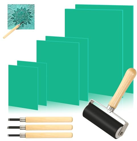 10 PCS Lino Printing Kit Including 6 PCS A4 A5 A6 Lino Sheets 3 Lino Cutting Tools 1 Lino Roller Lino Cutting and Printing Kit for Printmaking Lino Printing Art and Craft