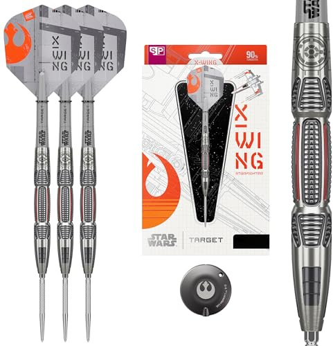 Target Darts Star Wars X-Wing-Steeldarts aus 90% Tungsten, 22 g | Silberfarbene GRD Swiss Points, Pro Grip-Schäfte, Pro Ultra-Flights No. 6 im X-Wing-Design und Swiss Point-Tool