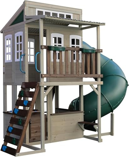 KidKraft Cabane Enfant Cozy Escape en Bois (FSC) avec Toboggan en Tube, Cuisine et Mur d’Escalade, Aire de Jeux d'extérieur pour Jardin, F29045 | Aire de jeux d'extérieur en bois à 2 étages avec toboggan tube 365 cm, mur d'escalade, terrasse et cuisine – Gris