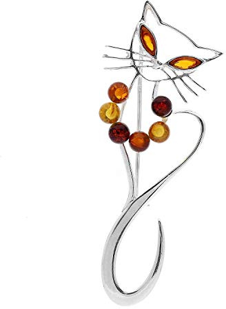 Cat/Kitty/Kitten/Feline Silver Brooch Pin/Clip in Multi-Coloured Amber for Women - 925 Sterling Silver