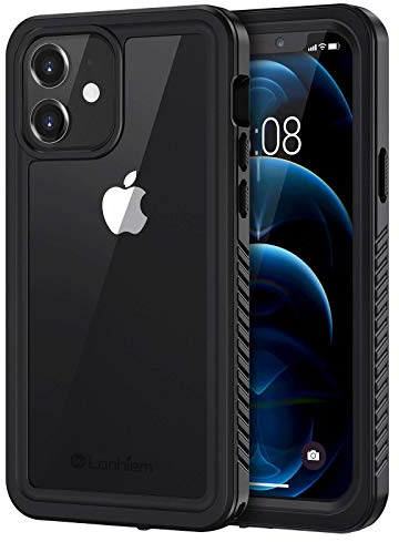 Lanhiem iPhone 12 vattentätt fodral, [IP68 vattentät+stötsäker] 360 oförstörbar integrerad förstärkt dammtät anti-snöbeständig vattentät skyddande fodral för iPhone 12 (6.1), svart
