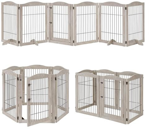 unipaws 132 Extra Wide Dog Gate and Pet Playpen, Free Standing Tall Fence with Walk Through Door, Barriers for Home, Use as Indoor Dogs Cats Pen, Rabbit Pen, Weathered Grey