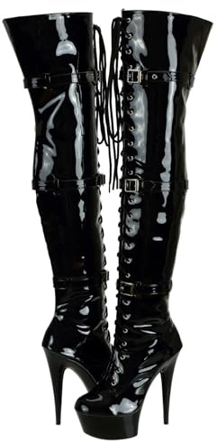 SheSole Ladies Patent Leather Thigh High 15CM Stiletto Heel Dancer Boots with Zipper Lace Up Club Party Cosplay Shoes Black Size 9