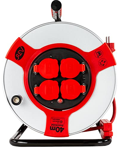 REV Kabeltrommel EX, 40m, H07RN, IP44, 3000W, mit Schleifkontakt, Außenbereich, 4 Schutzkontaktsteckdosen, rot