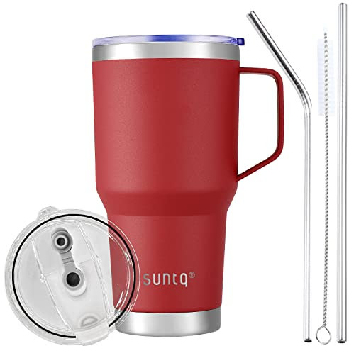 SUNTQ 30oz 850ml Tumbler mit Griff - Wiederverwendbare Reise Kaffee Tasse mit Stroh, Deckel - Doppelwandige Vakuum Isolierte Kaffeetasse - Thermische Tasse aus Edelstahl (Rot)