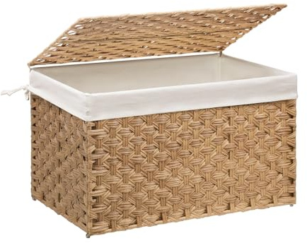 MOORLITER Wicker Storage Basket with Lid, 27.7 Gallon (105L) Large Blanket Basket with Lid, Woven Storage Bin with Handles, Removable Liner, Metal Frame, Foldable, for Bedroom, Laundry Room, Natural