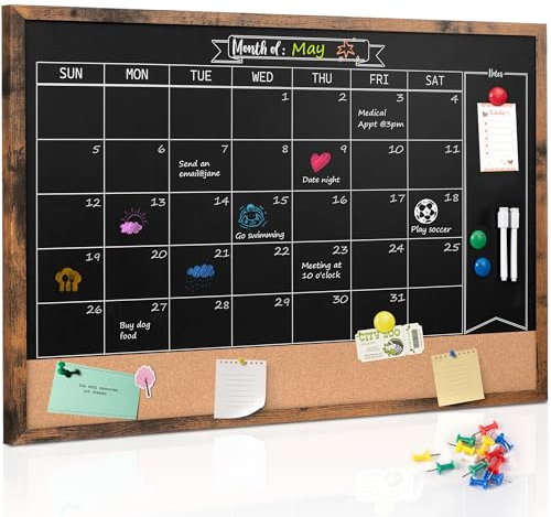 Board2by Tableau noir mensuel et tableau en liège pour mur, 61 x 91,4 cm, tableau combiné magnétique à craie pour bureau, cuisine, école, maison