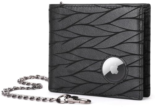 BULLCAPTAIN RFID Blocking Wallet with AirTag Slot and Removable Chain|Slim Soft Quality Leather Wallet for Men Ladder-type Card Slots T01 (Black)