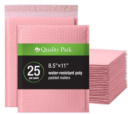 Quality Park Bubble Mailers, 8.25 x 11, Light Pink Poly Mailers, Padded Envelopes, Shipping Bags, Water Resistant, Self Seal, 25 Per Box (QUA85908)