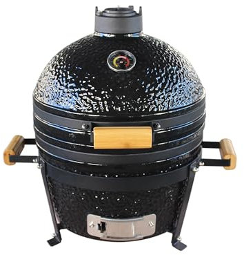 COOKFIRE – Barbacoa carbon Kamado Ø 40 cm – BBQ Grill Japonesa – Barbacoa con Termómetro y Asas de Bamboo - Barbacoa carbon portátil – Barbacoa cerámica Kamado – Mini Parrilla de Carbón - (Negro)