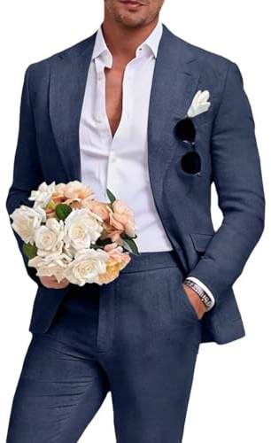 Aowdoy Men's 2 Piece Navy Linen Suits Slim Fit Casual Summer Beach Wedding Dress Tux Prom Suit Blazer Jacket and Pants Navy Blue M