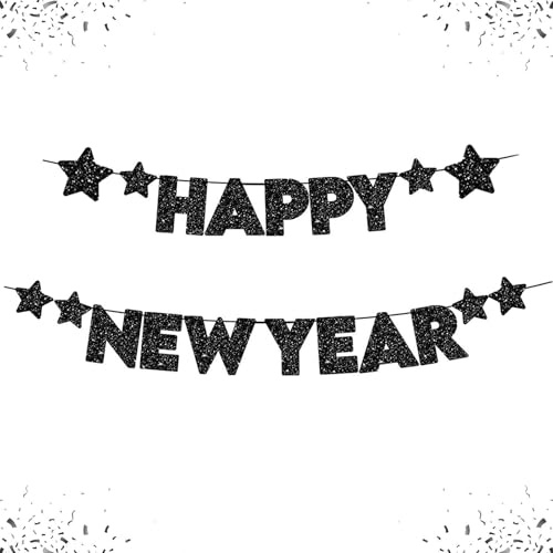 DazzJoy Happy New Year girlang svart, glitter nyårsafton dekoration 2025 girlang banderoll, nyårsdekoration, nyår nyårsafton dekoration, nyårsdekoration kransar för nyårsafton dekoration, 2025