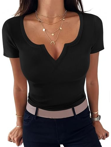 Aottori Dam-t-shirt, kortärmade ribbade toppar, elegant med fyrkantig urringning/V-ringning, bas-t-shirt, slim fit, t-shirt, stretch, lediga sommartoppar, B-Svart, XL