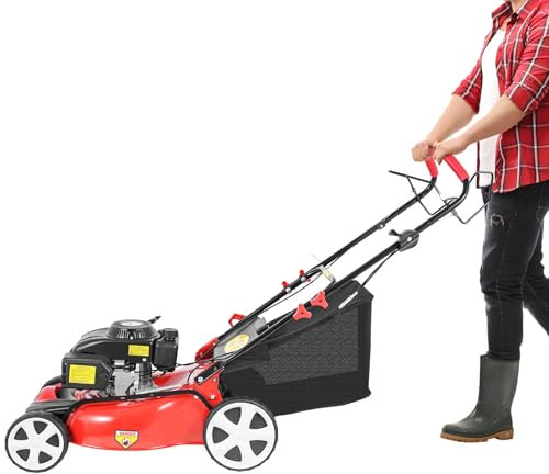 vinnyooc Tondeuse à gazon à essence 155 x 52 x 110 cm, moteur à essence 140 CC 4 temps, grandes cisailles à gazon avec entraînement de 51 cm, largeur de coupe 8 niveaux de réglage, sac collecteur de