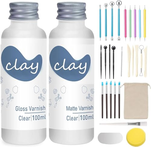 30 st lufttorr lerglasyr med skulpteringsverktyg för lera, 100 ml glans, matt lack och lufttorkat lerverktygssats, verktygssats för lerglasyr, keramik för hög glans, repbeständig, skulptering,