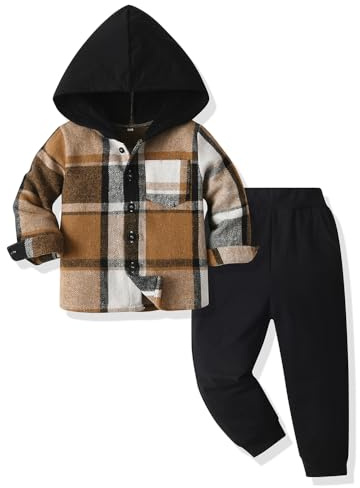 Yanmucy Set Abbigliamento per Neonati e Bambini 2 Pezzi Cotone Plaid Set Ragazzo Hoodies Camicia Tops Pantaloni Set Tutina Piccolo Ragazzo per Bambini 2-7 Anni, marrone, 2-3 anni