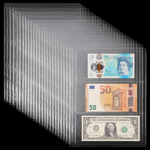 24 Sheets Currency Sleeves for Collectors Acid-Free PVC Paper Money Currency Pocket Pages Coin Collection Supplies - 72 Pockets 9-Hole Stamp Page Holders for 9-Hole Binder [3 Pocket/Sheet] IN01024