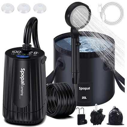 Spopal Camping Dusche, [10000mAh] Campingdusche Tragbare mit 20L Klappbarer Eimer, Camping Dusche Akku, Camping Dusche Outdoor Set mit Duschkopf und 2m Schlauch für Garten, Strand, Autowaschen, Hausti