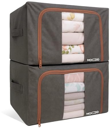 Generico Set 2 scatole per armadio rigide 52x42x33 cm, 132L totali - Tessuto impermeabile e resistente all'umidità, Organizer armadio impilabili con maniglie in acciaio e finestra trasparente