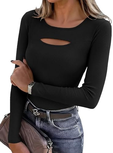 Aottori Maglia Donna Manica Lunga Cut out Girocollo Costine Slim Fit | Maglietta, Aderente, Basic Shirt, Top Elegante, Elasticizzato, Tinta Unita Casual, Primavera Autunno