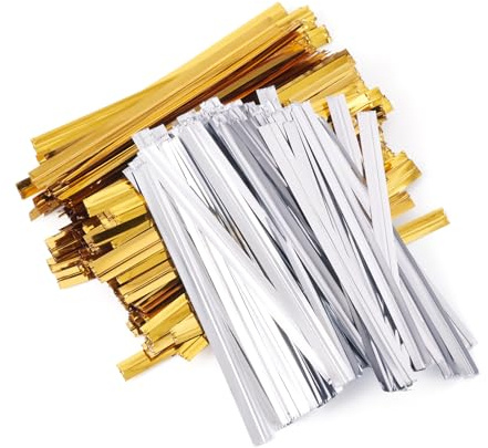 Cheriswelry Lot de 1 550 attaches torsadées métalliques en plastique doré et argenté pour sachets de bonbons, sacs à bonbons, 60 x 4 mm