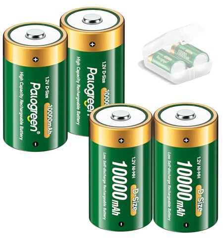 Palogreen 10000mAh Mono D Baterías recargables – 4 unidades 1.2 V/NIMH D Celdas Baterías con Caja de Almacenamiento, para Juguetes, Radio, Linterna...