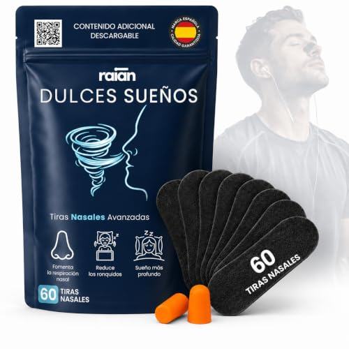 Raian Dulces Sueños Tiras Nasales + Tapones de Descanso, Nasal strips, para Dormir, 60 Tiras Antironquidos, Dilatador Nasal para Respirar Mejor por la Nariz, Uso Nocturno y Deportivo,Incluye QR