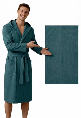 NARCISO - Accappatoio in Microfibra con Cappuccio + OMAGGIO ASCIUGAMANO , Unisex, Asciugatura Rapida, Tasche e Cintura, Omaggio telo, per Piscina e Sport (IT, Testo, XL, Regular, Regular, Petrolio)