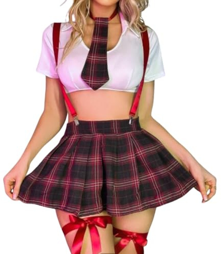 Gatamiau Babydoll Lencería Sexy Colegiala Cosplay Disfraz Tirantes Uniforme CortoTop Mini Falda Plisada Conjunto de Halloween Juego de Roles Traje con Corbata Lazo Anillo de Pierna