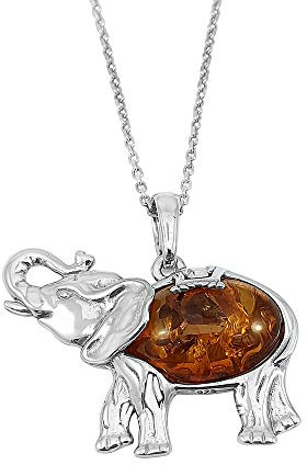 Kiara Jewellery 925 Sterling Silver Large Elephant Pendant Necklace Inlaid With Brown Cognac Baltic Amber on 18 Sterling Silver Chain.