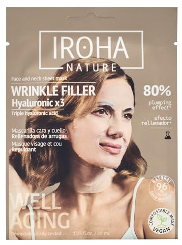 Iroha Nature - Mascarilla Facial Tisú Rellenadora & Anti-Aging | con Triple Ácido Hialurónico | Hidratación Profunda y Efecto Antiedad | Piel Más Suave y Calmada | 100% Vegana