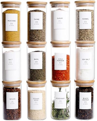 12 Pcs Glass Spice Jars With Bamboo Airtight Lids, 8oz Thicken(2.4mm) Spice Containers With 148 Minimalist Preprinted Waterproof Spice Labels, Kitchen Empty Small Storage Jars For Seasoning, Herb