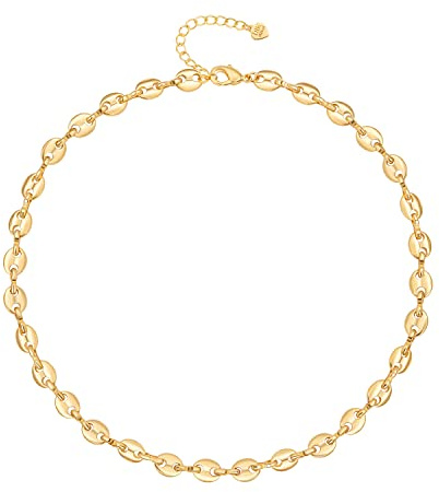 Aobei Pearl 18K Gold Plated Chain Choker for Women Minimalist Puffed Anchor Mariners Link Coffee Bean Chain Necklace Handmade Flat Pig Nose Chain Jewelry for Unisex Adults 16”+2”