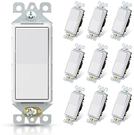 ELEGRP Matte White Single Pole Decorator Light Switch, 15Amp, 120-277V, Decorative Paddle Rocker Switch Replacement, On/Off Wall Switch, Self-Grounding, Residential/Commercial Grade, UL/CUL (10 Pack)