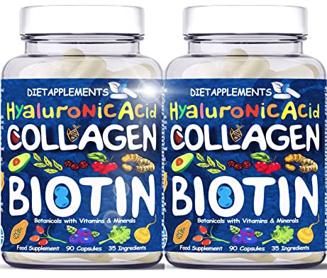 2 Bottles Marine Collagen Type1&3 1800mg & Biotin 10000mcg/serving, Hyaluronic Acid, Vitamins, Minerals Botanicals |2432mg/serving| Hydrolyzed High Strength Peptides Supplement | Skin, Hair, Nails (2)