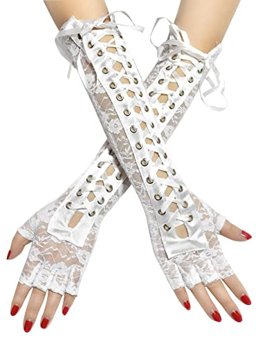 COSFAN Guanti di pizzo, guanti a mezze dita Lolita, guanti lunghi da donna, guanti a rete Steampunk Goth Ribbon Bow Cosplay, guanti da sera da donna per la festa (Bianco)
