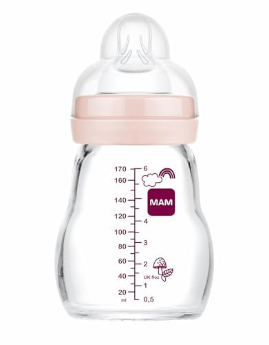 MAM Feel Good A160 Premium Glass Bottle with Teat 1 Patented SkinSoftTM Ultra Soft Silicone for Babies 0 Months + 170 ml Pink