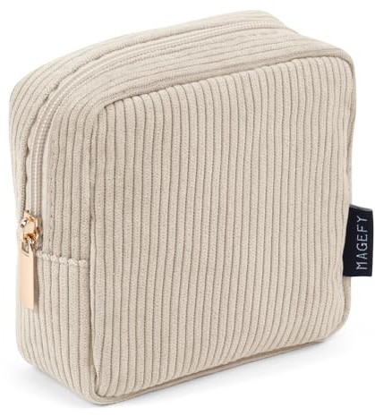 MAGEFY Small Makeup Bag for Purse Mini Cosmetics Bag Corduroy Cute Cosmetic Pouch for Women with Slip-in Pockets (Beige)