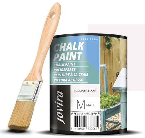 JOVIRA PINTURAS Pintura Tiza - Chalk Paint al Agua Mate + Pincel especial para madera. Renueva tus muebles con creatividad. (750 Mililitros, Rosa Porcelana + Pincel) C-56-K