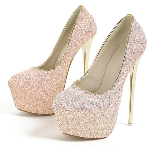 Glitterpumps dam stilett hög klack klack platå plattform rund tåhätta pumps 16 cm fest bröllop klänning skor, ROSA, 43 EU