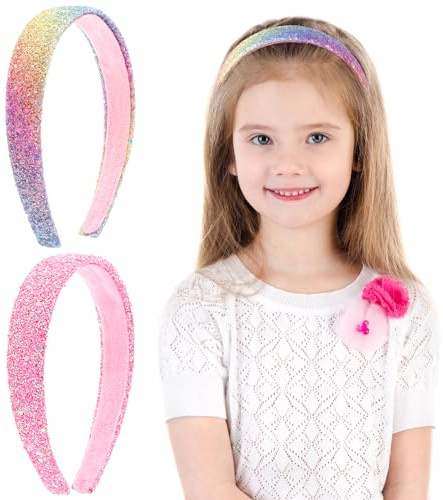 COMNICO 2 st glitterpannband för flickor, söt glittrande breda tjocka pannband bling halkskydd hårband regnbåge paljett liten flicka hårtillbehör för barn kvinnor