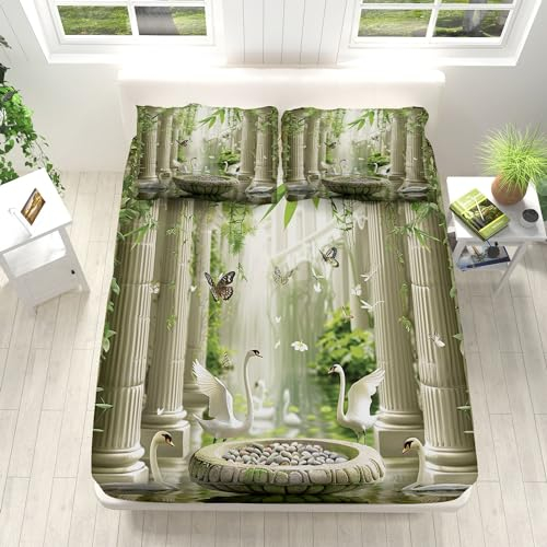 SteinsäUlenschwan Design Spannbettlaken 90x200cm Weiche Mikrofaser Boxspringbett Bettlaken, GrüN Unterseite Spannbetttuch, Rund-um Elastischem Gummizug, für Matratzen von 5-30 cm