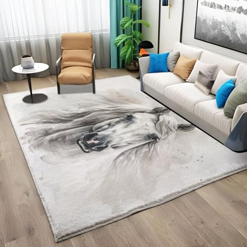 Tappeto per soggiorno, 80 x 150 cm, antiscivolo, impressionismo, bianco, animale cavallo, lavabile in lavatrice, rettangolare, morbido a pelo basso, per camera da letto