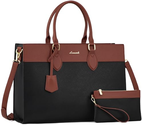 LOVEVOOK Laptopväska, damer, handväska damer, arbetsväska, lärarväska, stor, vattentät shoppingväska, axelväska, portfölj, axelväska, väska för företag, skola (Svart + Brun, M)