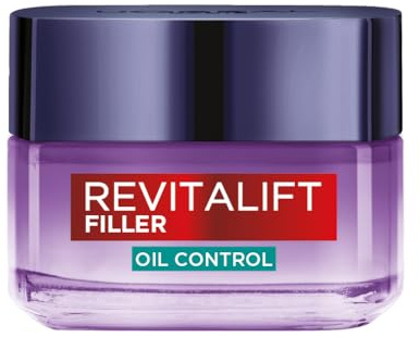 L'Oréal Paris Crema Anti-Lucidità Oil Control, Per Pelli Miste e Grasse, Controllo del Sebo per 8H, Pelle Meno Lucida e Rimpolpata, Con Acido Ialuronico e Acido Salicilico, Revitalift Filler, 50 ml
