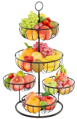Obstkorb mit 5 Etagen, Obstschale, Brotkorb, Küchen-Gemüsekorb, schwarzer Drahtkorb für Lebensmittel, Obst, Gemüse, Brot