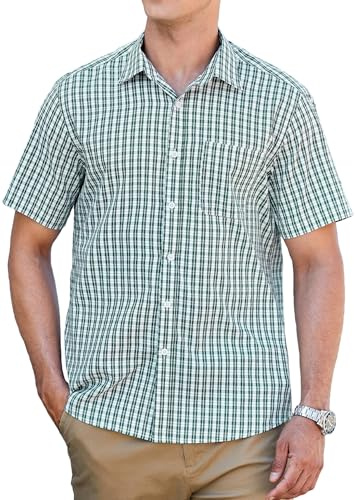HISDERN Chemise Homme a Carreaux Manches Courte Décontractées Boutonnées été Travail Chemises Vert Hommes avec Poches Coupe Régulière 3XL