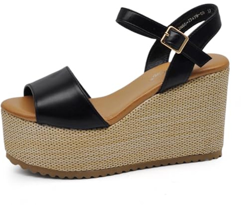 IF Scarpe Sandali Con Zeppa da Donna con Platform Corda Plateau in Paglia Cinturino alla Caviglia Comode Z7479-09 nero N.39