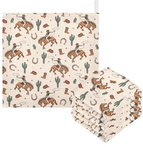 JHKKU Newborn Face Towel Western Cowboy Cactus Soft Cotton Baby Washcloths 11.8 x 11.8 Inch Infants Girls Boys Muslin Burp Cloths 5 Pack