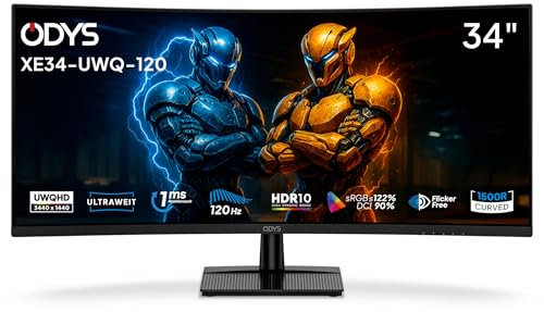 ODYS XE34-UWQ-120 Curved Gaming Monitor – 34 Zoll (86 cm) UWQHD (3440x1440), 120 Hz, 1ms (MPRT), 21:9, VA-Panel, HDR10, Adaptive Sync, 122% sRGB, 1500R Krümmung, HDMI 2.1, DisplayPort